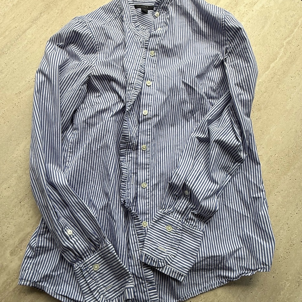 J. Crew Blue White Stripe Ruffle Button Down Shirt EUC TALL 2